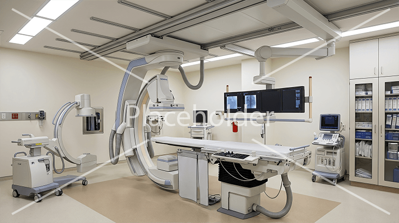 Cath lab examination room with a Siemens C-arm angiography system, exam table, and dual monitor banks.