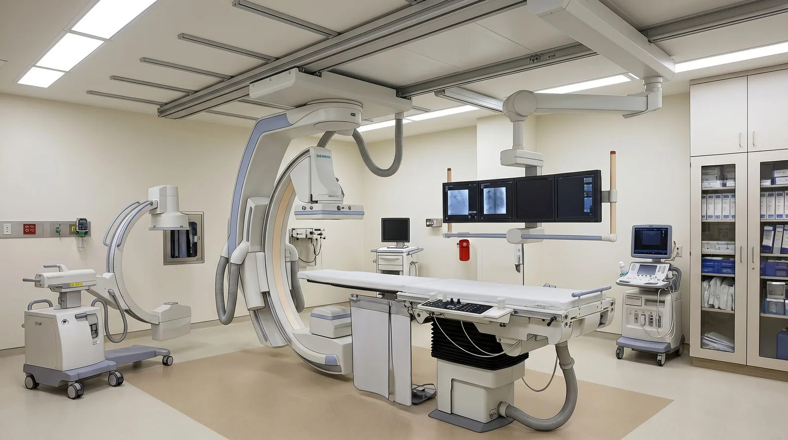 Cath lab examination room with a Siemens C-arm angiography system, patient table, and a four-monitor ceiling-mounted display array.